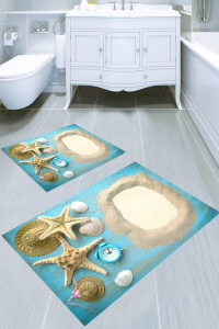 Mavi Zeminli Kum ve Deniz Yıldızı Desenli 2li Banyo Paspası (50x60 cm - 60x100 cm) - 1