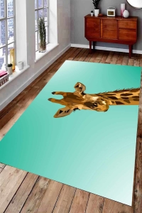 Mavi Zeminli Zürafa Çizimi Dijital Baskılı Halı - Thumbnail