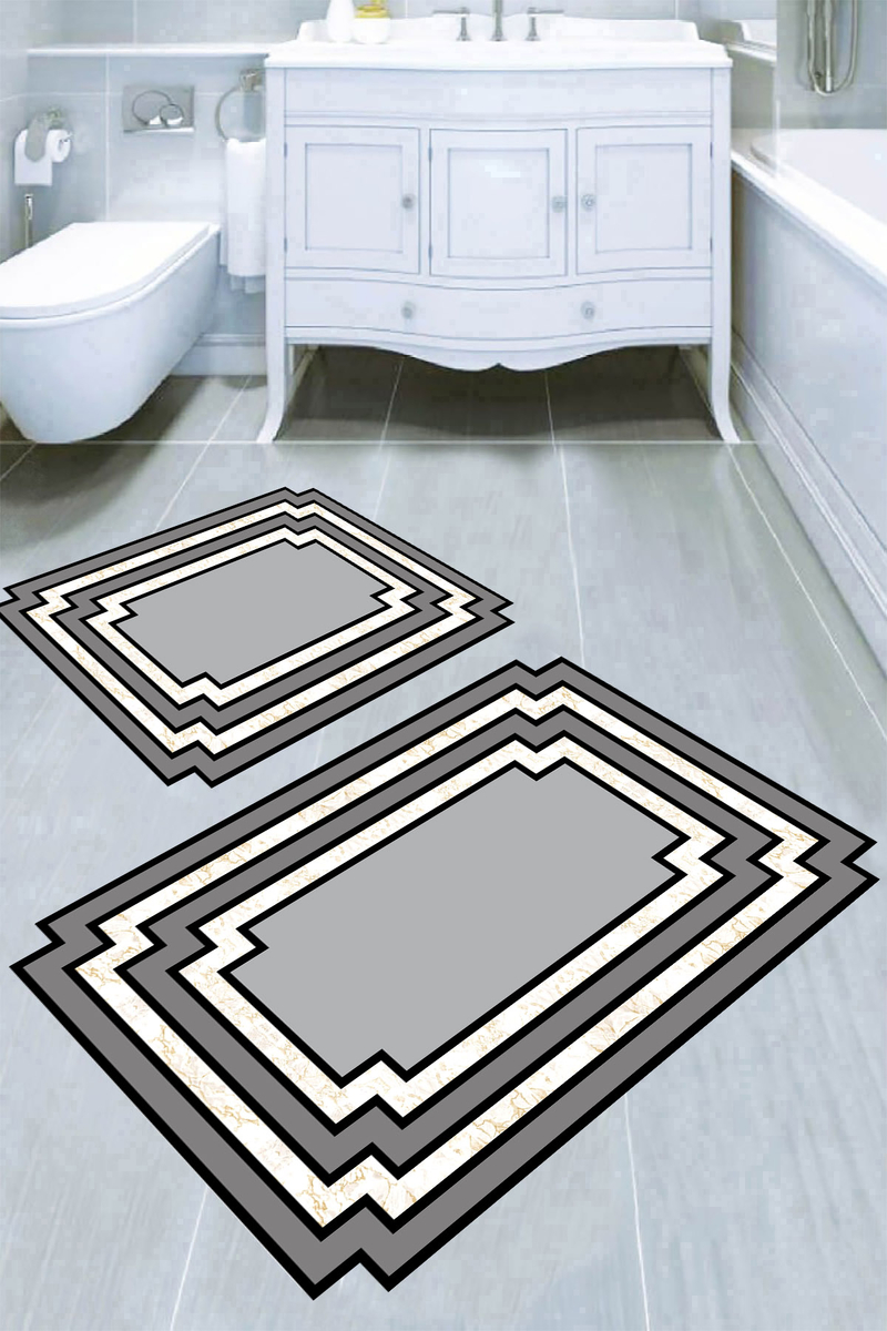 Mermer Detay Gri Çerçeve Desenli 2li Banyo Paspası (50x60 cm - 60x100 cm)