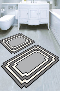 Mermer Detay Gri Çerçeve Desenli 2li Banyo Paspası (50x60 cm - 60x100 cm) - 1