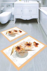 Mermer Zemin Çerçeve Detay Çiçek Desenli 2'li Banyo Paspası (50x60 cm - 60x100 cm) - 1