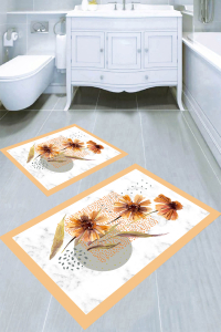 Mermer Zemin Çerçeve Detay Çiçek Desenli 2'li Banyo Paspası (50x60 cm - 60x100 cm) - Thumbnail