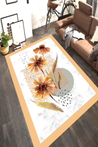Mermer Zemin Çerçeve Detay Çiçek Desenli Dijital Baskılı Halı - Thumbnail
