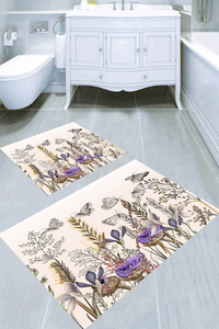 Mor Çiçekler ve Kelebek Çizimli 2li Banyo Paspası (50x60 cm - 60x100 cm) - Thumbnail