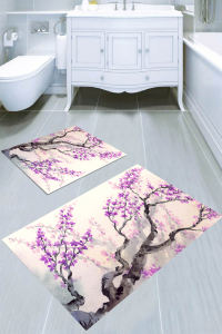 Mor Çiçekli Ağaç Desenli 2li Banyo Paspası (50x60 cm - 60x100 cm) - 1