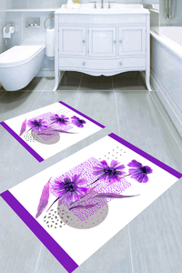 Mor Papatyalar Desenli 2li Banyo Paspası (50x60 cm - 60x100 cm) - Thumbnail