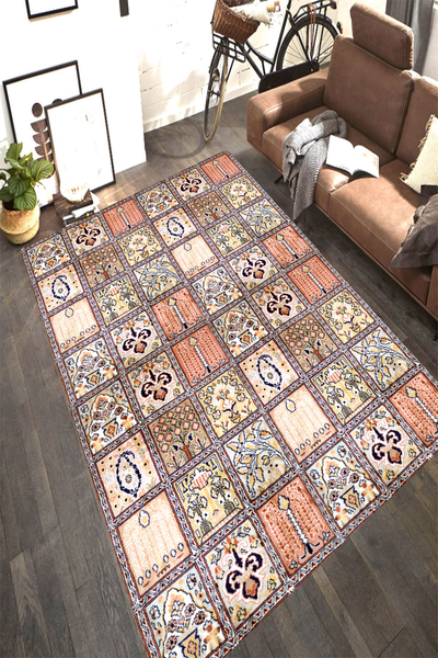 Motif Detaylı Kareler Çizimli Dijital Baskılı Halı Örtüsü HRC2472 - resmiro