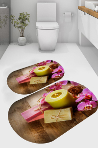 Mum Ve Çiçek Desenli 2'li Banyo Paspası (50x60 cm - 60x100 cm) - Thumbnail