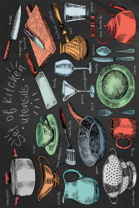 Mutfak Malzemeleri Çizimi Dijital Baskılı Halı - Thumbnail
