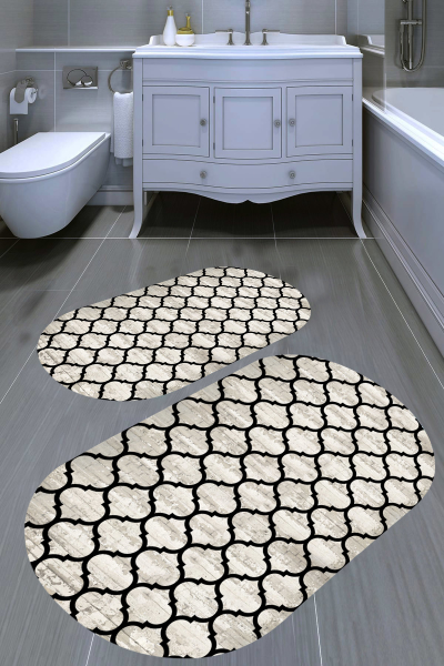 Oval Geometrik Desenli 2'li Banyo Paspası (50x60 cm - 60x100 cm) - resmiro