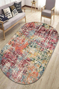 Oval Pastel Eskitme Desenli Dijital Baskılı Halı - 1
