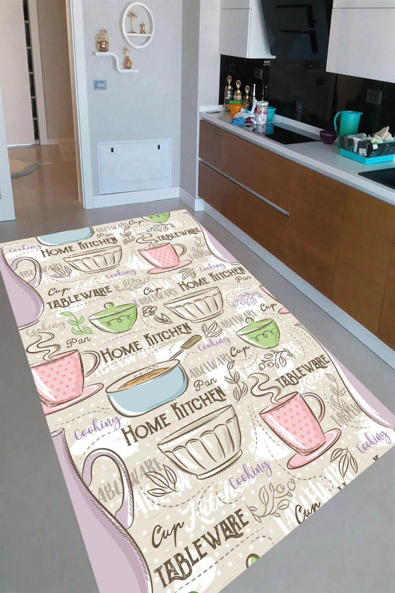 Pastel Renkler Mutfak Çizimi Desenli Dijital Baskılı Halı
