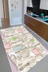 Pastel Renkler Mutfak Çizimi Desenli Dijital Baskılı Halı - 1
