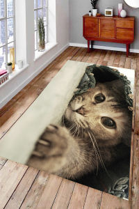 Pati Uzatan Sevimli Kedi Dijital Baskılı Halı - 1