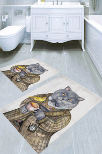 Patron Kedi Desenli 2li Banyo Paspası (50x60 cm - 60x100 cm) - Thumbnail