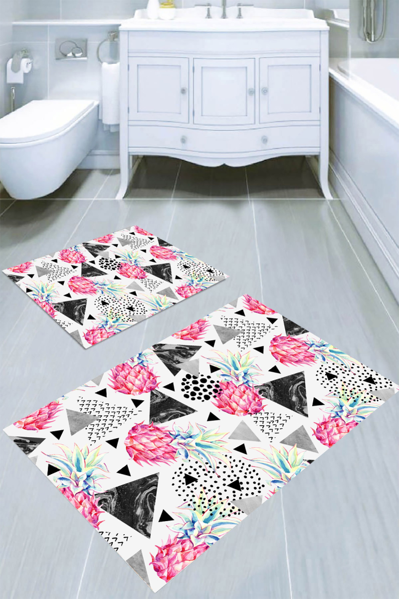 Pembe Ananas ve Mermer Desen Üçgenler Desenli 2li Banyo Paspası (50x60 cm - 60x100 cm)