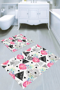 Pembe Ananas ve Mermer Desen Üçgenler Desenli 2li Banyo Paspası (50x60 cm - 60x100 cm) - 1