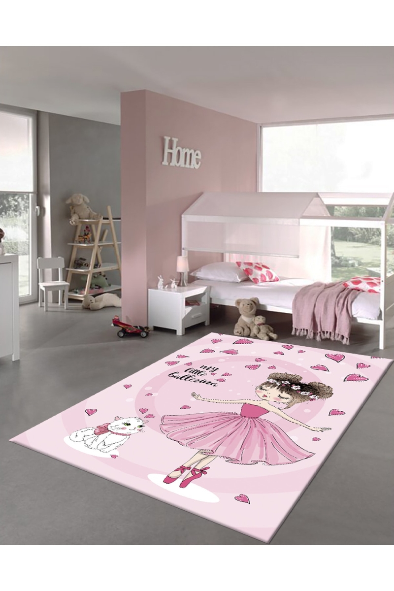 Pembe Balerin ve Kedi Desenli Dijital Baskılı Halı