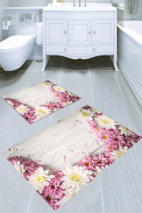 Pembe Beyaz Çiçek Yaprakları Desenli 2li Banyo Paspası (50x60 cm - 60x100 cm) - Thumbnail