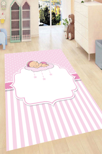 Pembe Çizgiler ve Bebek Desenli Dijital Baskılı Halı - 1