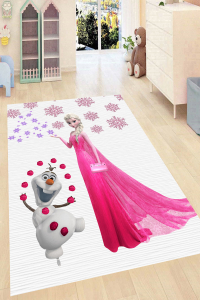 Pembe Elsa Prenses Desenli Dijital Baskılı Halı - Thumbnail