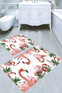 Pembe Flamingo Çerçeve Desenli 2li Banyo Paspası (50x60 cm - 60x100 cm) - Thumbnail
