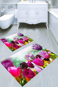 Pembe Laleler Desenli 2'li Banyo Paspası (50x60 cm - 60x100 cm) - 3