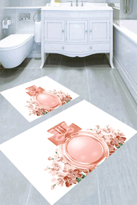 Pembe Parfüm ve Çiçekler Desenli 2li Banyo Paspası (50x60 cm - 60x100 cm) - 3