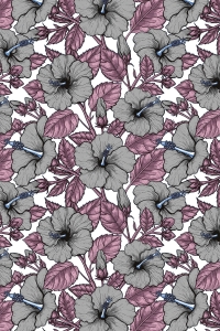 Pembe Yapraklı Gri Tonlarında Tropical Çiçekler Dijital Baskılı Halı - Thumbnail