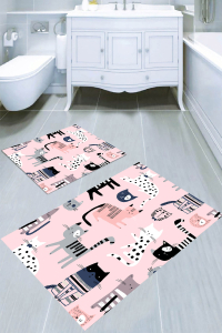 Pembe Zemin Kedi Desenli 2′li Banyo Paspası (50x60 cm - 60x100 cm) - 3