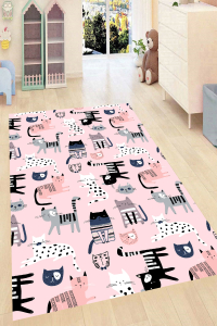Pembe Zemin Kedi Desenli Dijital Baskılı Halı - 1