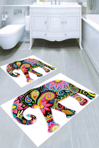 Rengarenk Fil Desenli 2li Banyo Paspası (50x60 cm - 60x100 cm) - Thumbnail