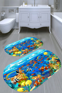 Renkli Balık Desenli 2'li Banyo Paspası (50x60 cm - 60x100 cm) - Thumbnail