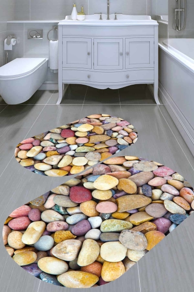 Renkli Çakıl Taşı 2'li Banyo Paspası (50x60 cm - 60x100 cm) - resmiro