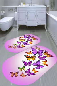 Renkli Kelebek Desenli 2'li Banyo Paspası (50x60 cm - 60x100 cm) - Thumbnail