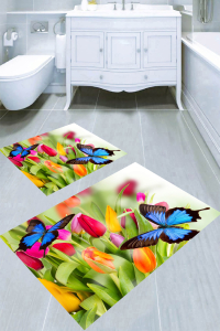 Renkli Laleler Ve Kelebek Desenli 2li Banyo Paspası (50x60 cm - 60x100 cm) - Thumbnail