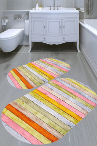 Renkli Tahta Tasarımlı 2'li Banyo Paspası (50x60 cm - 60x100 cm) - Thumbnail