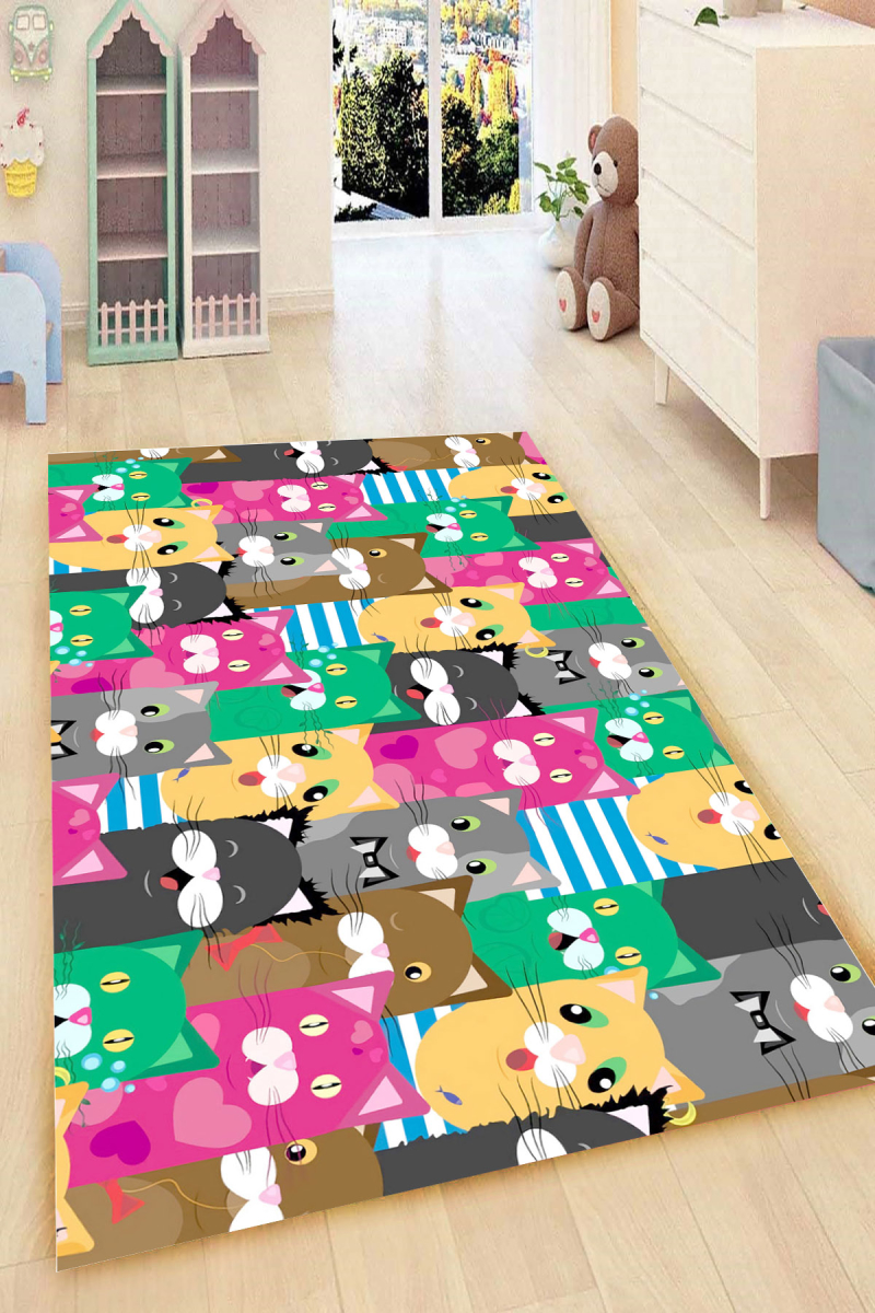 Renkli Ve Sevimli Kedi Çizimleri Dijital Baskılı Halı