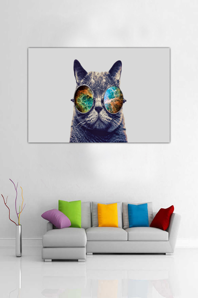 Retro Kedi Desenli Dijital Baskılı Kanvas Tablo