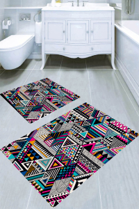 Retro Renkli Geometrik Çizimli 2li Banyo Paspası (50x60 cm - 60x100 cm) - 1
