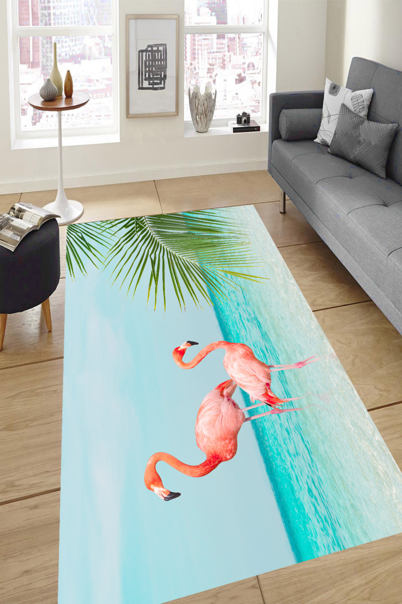 Sahildeki Flamingolar Desenli Dijital Baskılı Halı