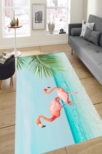 Sahildeki Flamingolar Desenli Dijital Baskılı Halı - Thumbnail