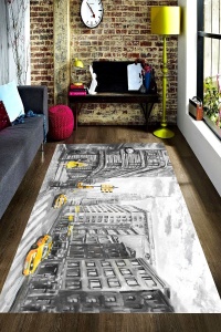 Sarı Detaylı Eskitme Tablo Desenli Dijital Baskılı Halı - 1