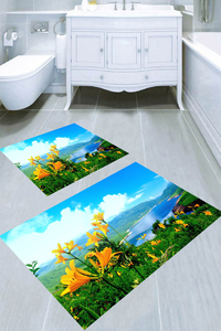 Sarı Zambak Çiçeği Desenli 2'li Banyo Paspası (50x60 cm - 60x100 cm) - 3