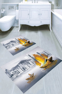 Şehir Manzaralı Antik Gemi Desenli 2'li Banyo Paspası (50x60 cm - 60x100 cm) - 1