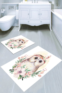 Sevimli Baykuş Desenli 2&prime;li Banyo Paspası (50x60 cm - 60x100 cm) - 1