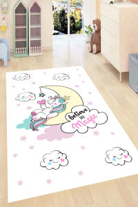 Sevimli Bulutlar ve Unicorn Desenli Dijital Baskılı Halı - 1