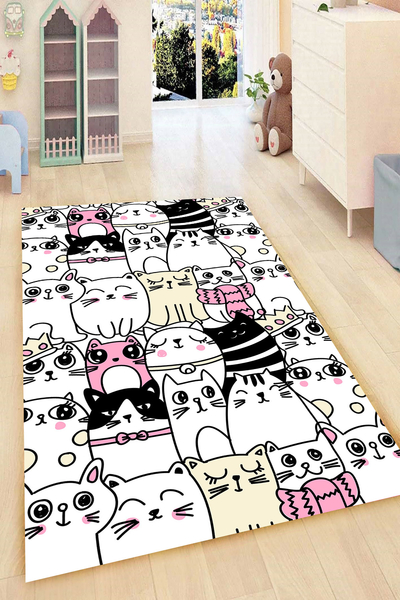 Sevimli Kedi Çizimleri Dijital Baskılı Halı Örtüsü HRC1946 - resmiro