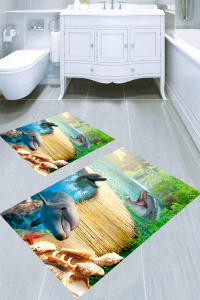 Sevimli Yunus Desenli 2li Banyo Paspası (50x60 cm - 60x100 cm) - 3