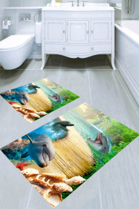 Sevimli Yunus Desenli 2li Banyo Paspası (50x60 cm - 60x100 cm) - Thumbnail